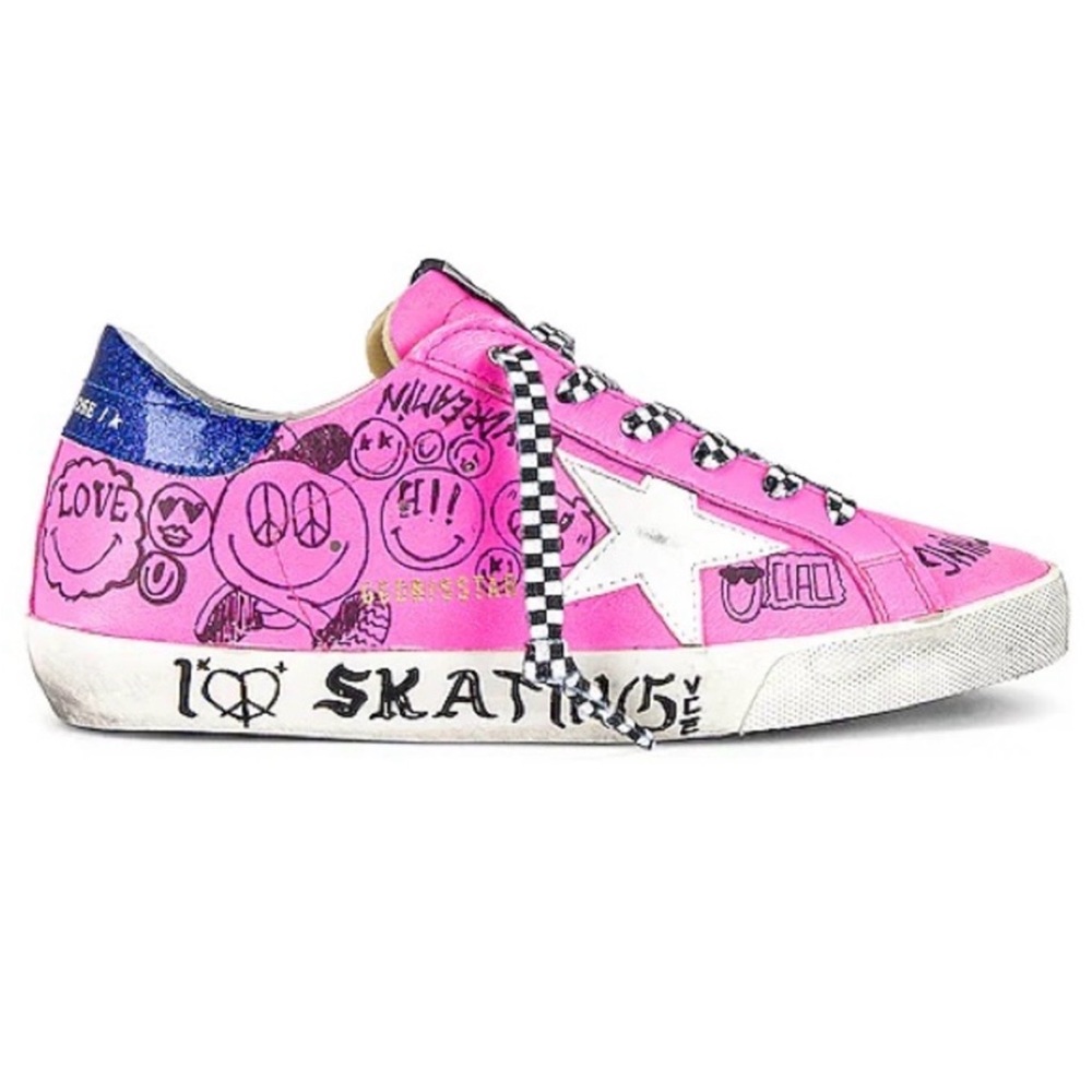 (Used) Golden Goose Superstar Shoes in Fuchsia, Black, White, & Electric Blue